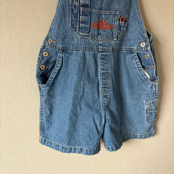 Vintage 90s B.U.M. Equipment Denim Short Overalls | Orange Mesh Lined | L - Picture 4 of 14
